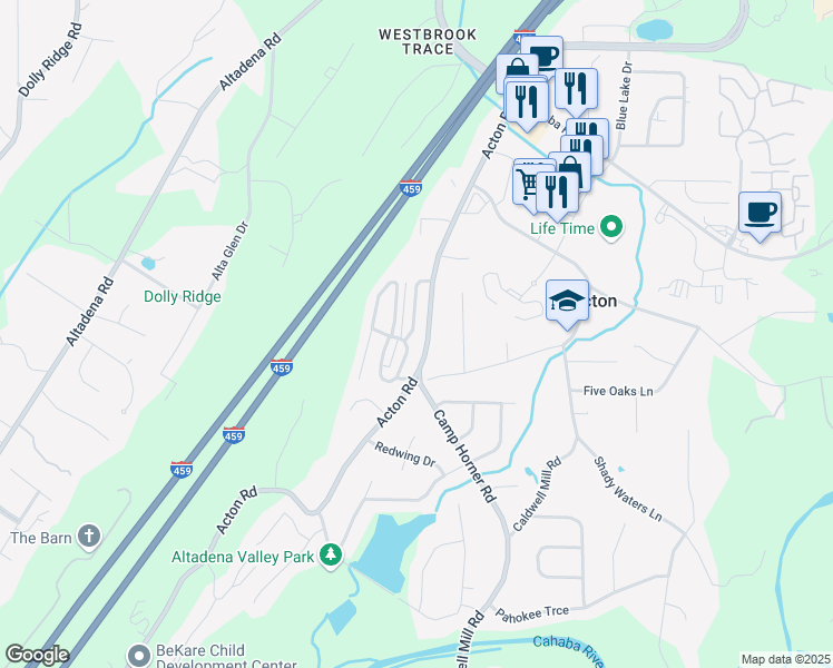 map of restaurants, bars, coffee shops, grocery stores, and more near 2582 Acton Park Lane in Birmingham