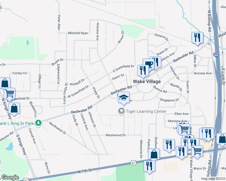 map of restaurants, bars, coffee shops, grocery stores, and more near 300-398 Arizona Avenue in Wake Village