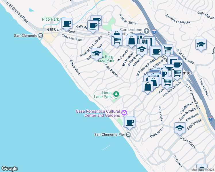 map of restaurants, bars, coffee shops, grocery stores, and more near 231 West Mariposa in San Clemente