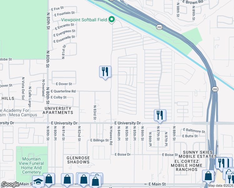map of restaurants, bars, coffee shops, grocery stores, and more near Ln 2700 in Mesa