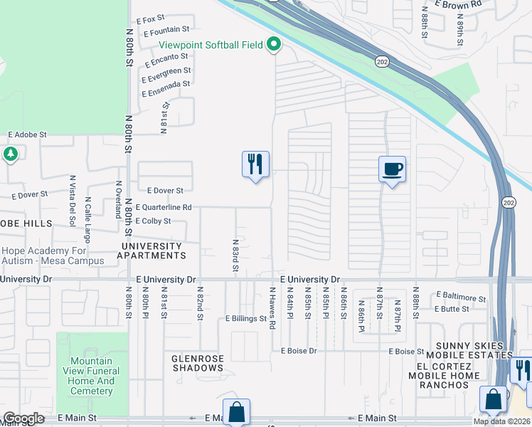 map of restaurants, bars, coffee shops, grocery stores, and more near 540 North Hawes Road in Mesa