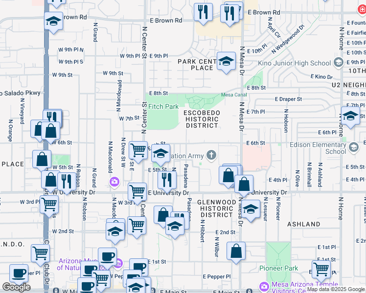 map of restaurants, bars, coffee shops, grocery stores, and more near 604 North Pasadena in Mesa