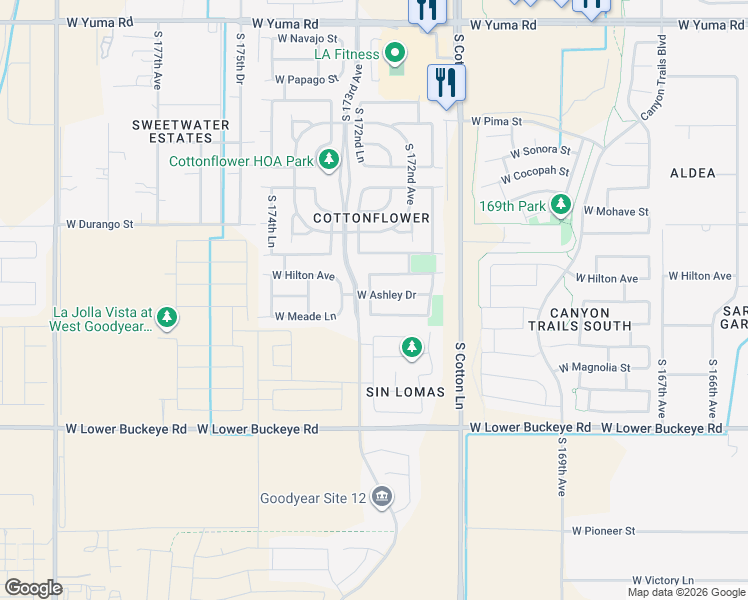 map of restaurants, bars, coffee shops, grocery stores, and more near 2294 South 172nd Lane in Goodyear