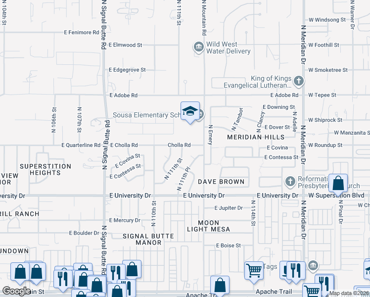 map of restaurants, bars, coffee shops, grocery stores, and more near 11101 East Cholla Road in Mesa