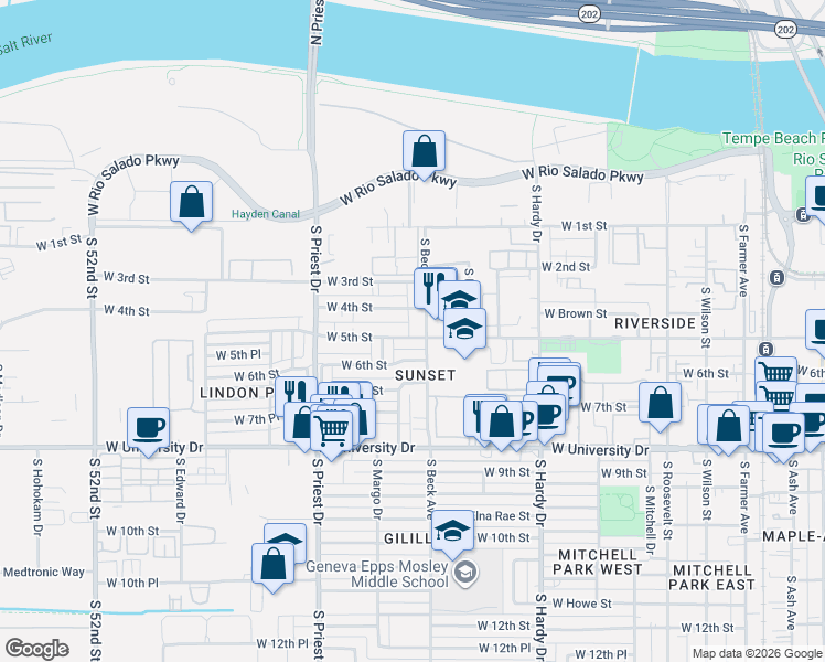 map of restaurants, bars, coffee shops, grocery stores, and more near 410 South Beck Avenue in Tempe