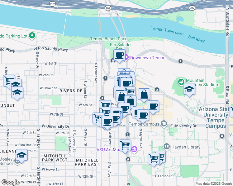 map of restaurants, bars, coffee shops, grocery stores, and more near 154 West 5th Street in Tempe