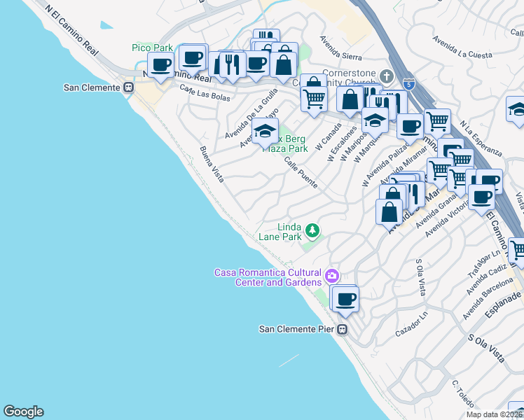 map of restaurants, bars, coffee shops, grocery stores, and more near 244 West Escalones in San Clemente