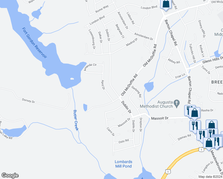 map of restaurants, bars, coffee shops, grocery stores, and more near 2477 Dublin Drive in Augusta