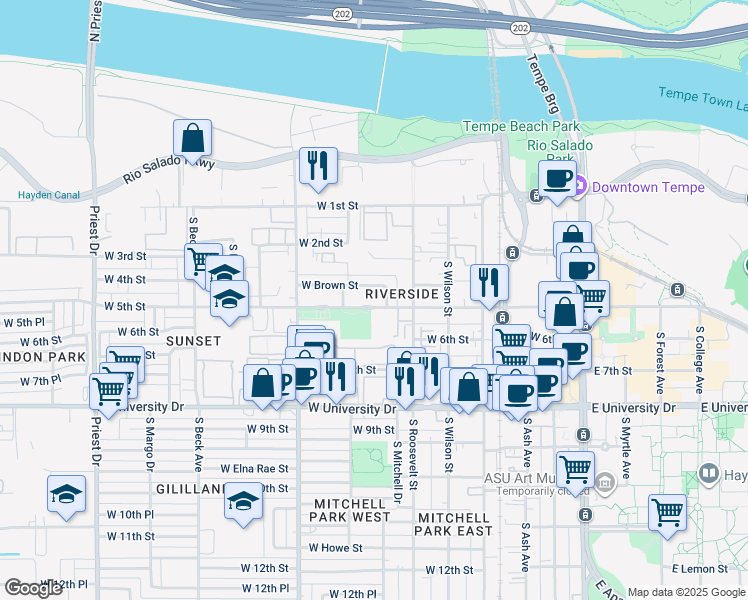 map of restaurants, bars, coffee shops, grocery stores, and more near 22 West Brown Street in Tempe