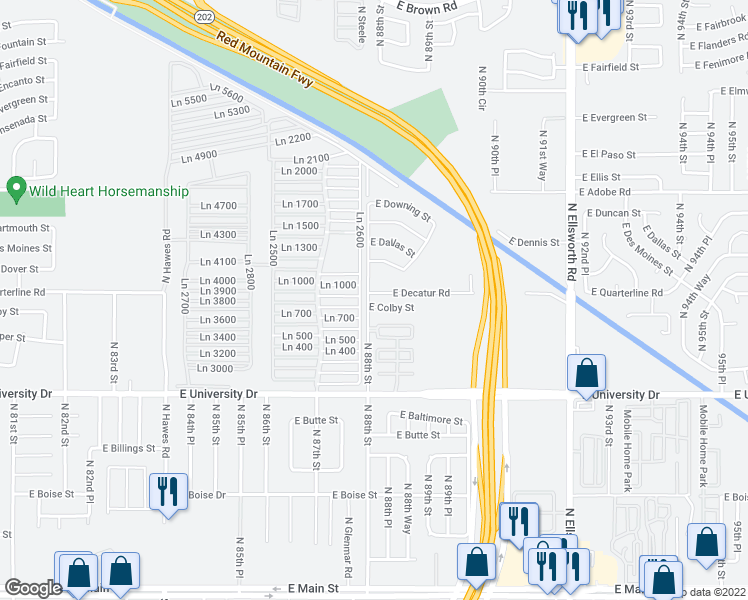 map of restaurants, bars, coffee shops, grocery stores, and more near 8804 East Colby Street in Mesa
