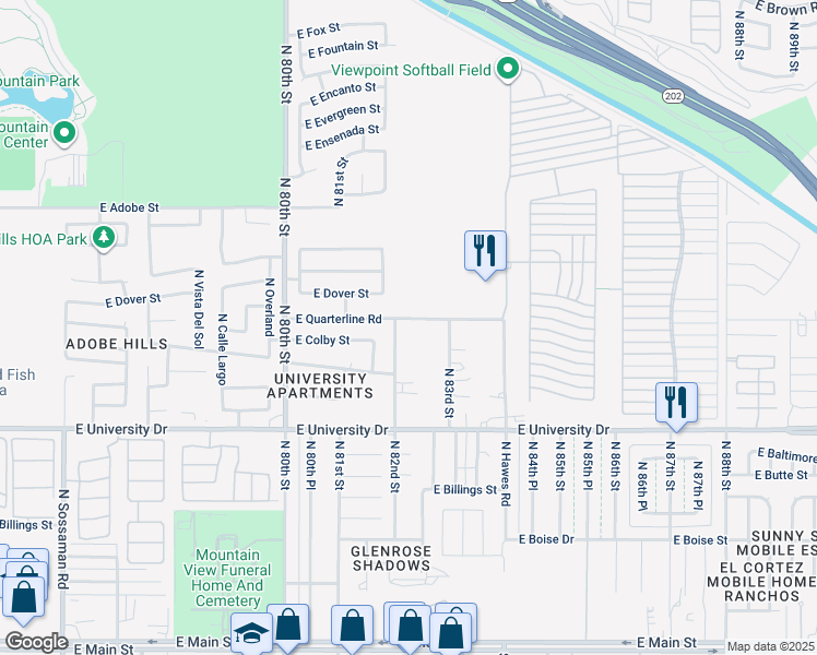 map of restaurants, bars, coffee shops, grocery stores, and more near 8205 East Quarterline Road in Mesa