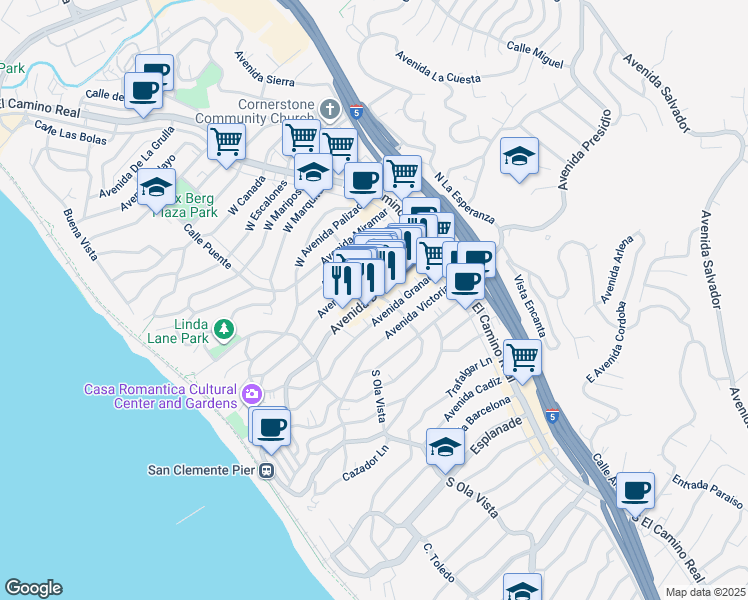 map of restaurants, bars, coffee shops, grocery stores, and more near 203 Avenida Del Mar in San Clemente
