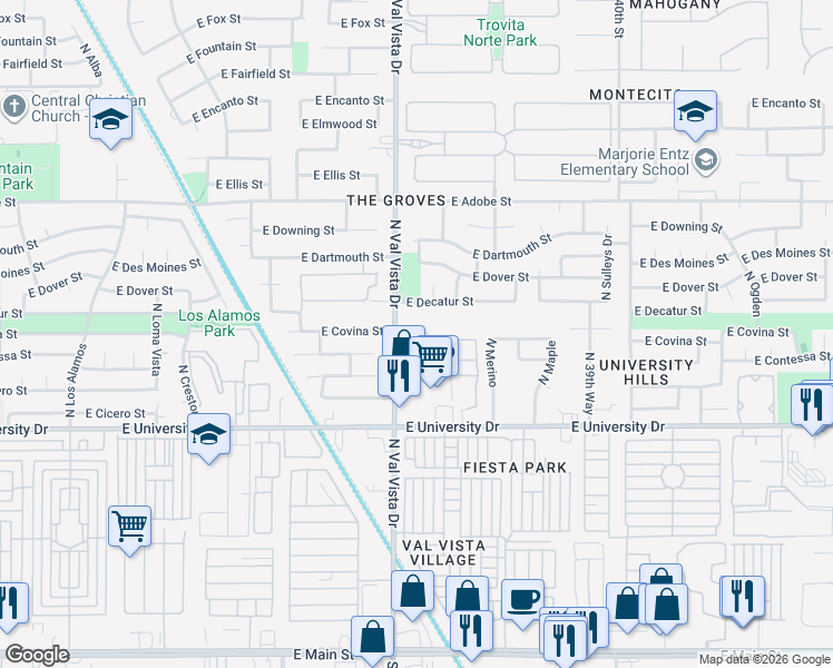 map of restaurants, bars, coffee shops, grocery stores, and more near 525 North Val Vista Drive in Mesa