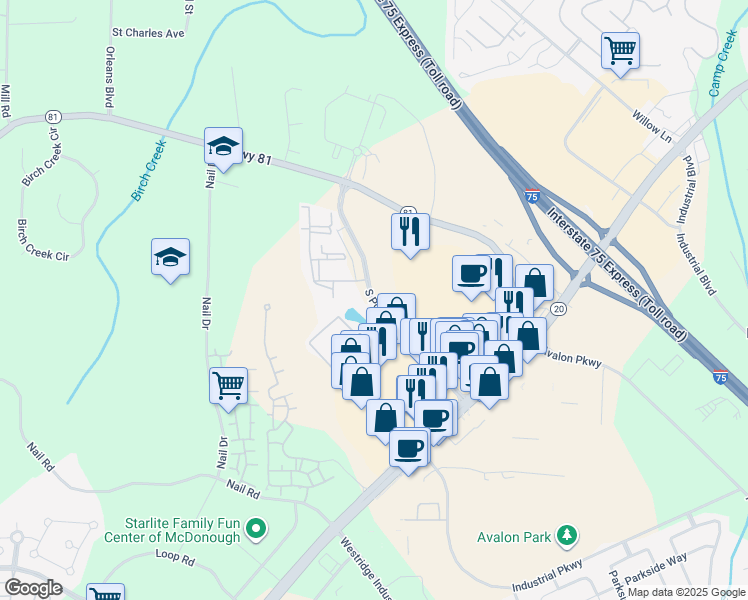 map of restaurants, bars, coffee shops, grocery stores, and more near 118 South Point Boulevard in McDonough