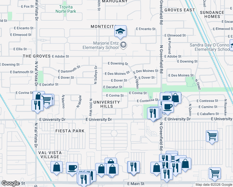 map of restaurants, bars, coffee shops, grocery stores, and more near 4108 East Covina Street in Mesa