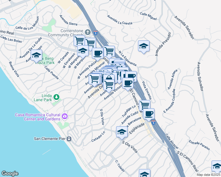 map of restaurants, bars, coffee shops, grocery stores, and more near 137 Avenida Granada in San Clemente
