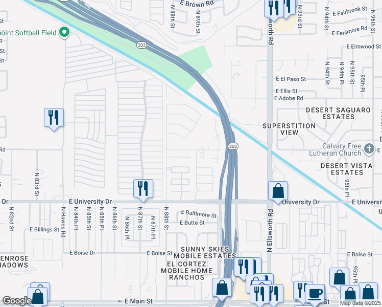 map of restaurants, bars, coffee shops, grocery stores, and more near 8864 East Colby Street in Mesa