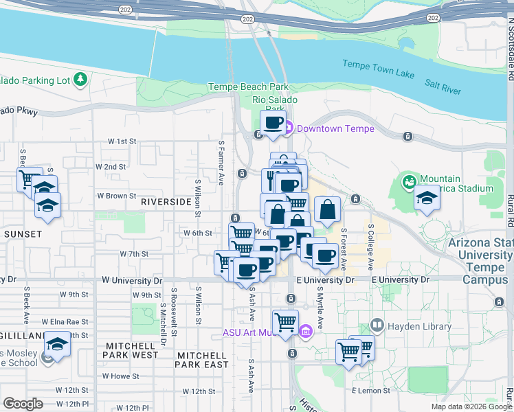 map of restaurants, bars, coffee shops, grocery stores, and more near 15 East 7th Street in Tempe