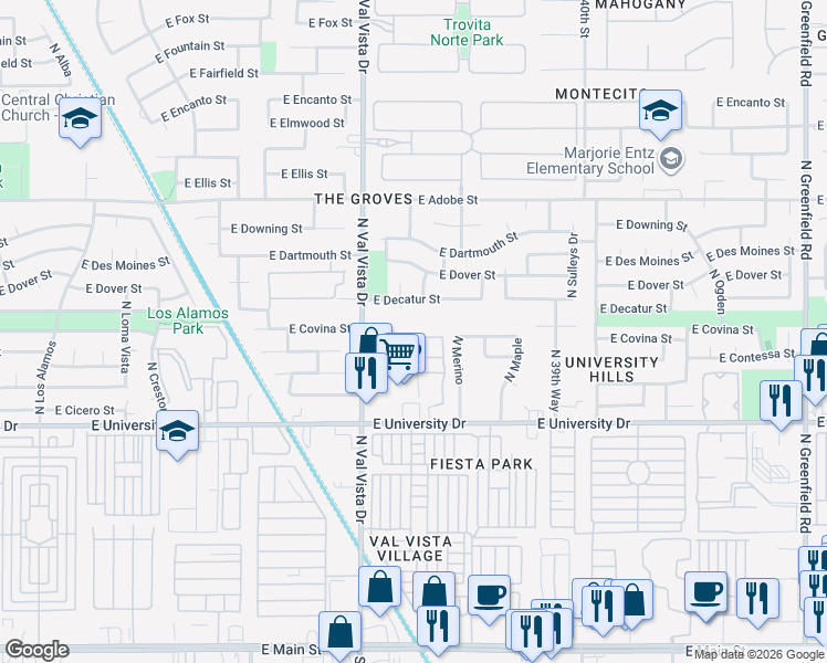 map of restaurants, bars, coffee shops, grocery stores, and more near 56 North Highland Park Manor in Mesa