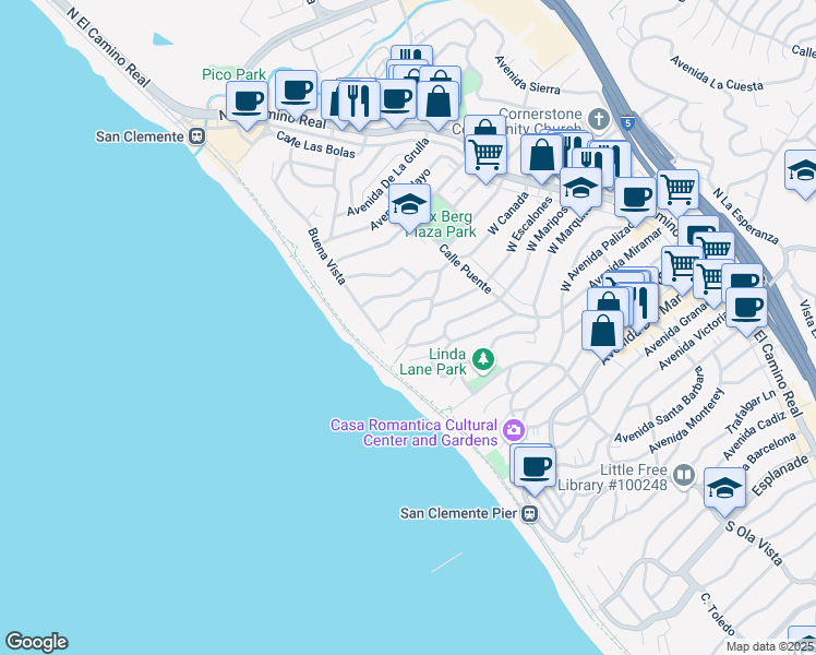 map of restaurants, bars, coffee shops, grocery stores, and more near 244 West Escalones in San Clemente