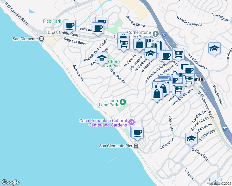 map of restaurants, bars, coffee shops, grocery stores, and more near 227 West Mariposa in San Clemente