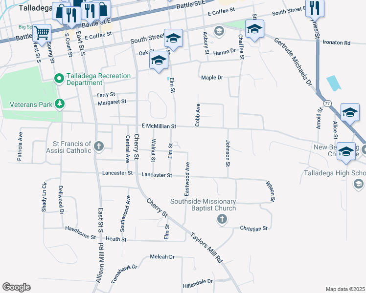 map of restaurants, bars, coffee shops, grocery stores, and more near 712 Elm Street in Talladega