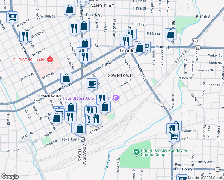 map of restaurants, bars, coffee shops, grocery stores, and more near 403 Laurel Street in Texarkana