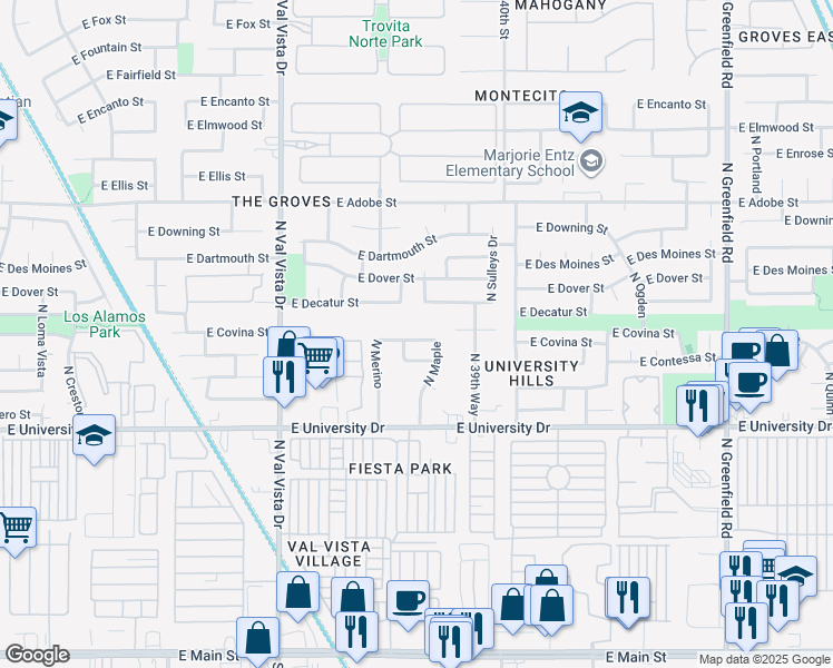 map of restaurants, bars, coffee shops, grocery stores, and more near 3828 East Covina Street in Mesa