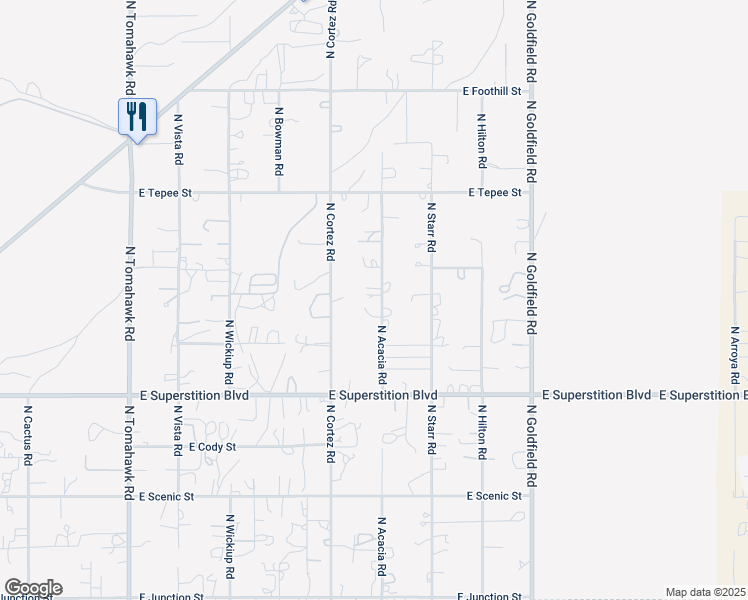 map of restaurants, bars, coffee shops, grocery stores, and more near 1174 North Acacia Road in Apache Junction