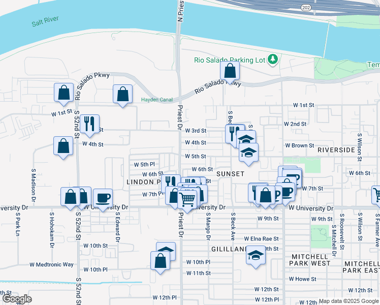 map of restaurants, bars, coffee shops, grocery stores, and more near 1320 West 5th Street in Tempe