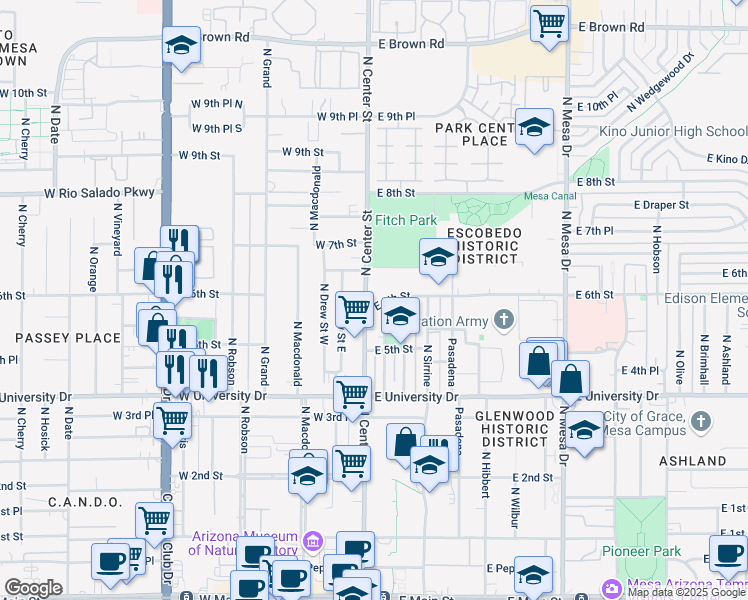 map of restaurants, bars, coffee shops, grocery stores, and more near 603 North Center Street in Mesa