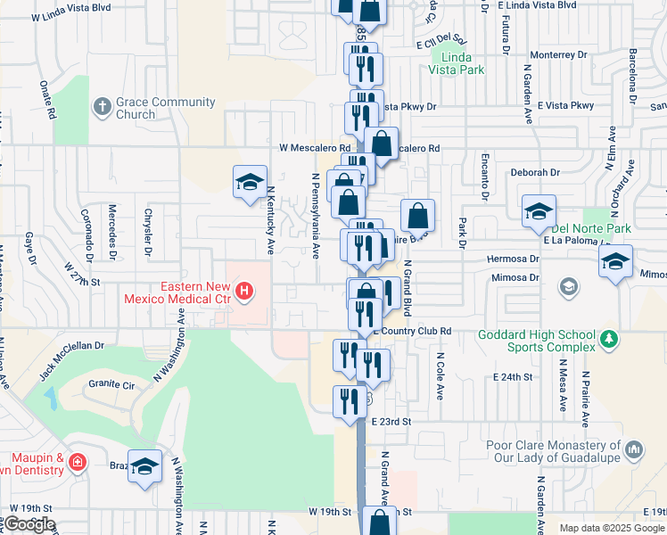 map of restaurants, bars, coffee shops, grocery stores, and more near 2725 North Pennsylvania Avenue in Roswell