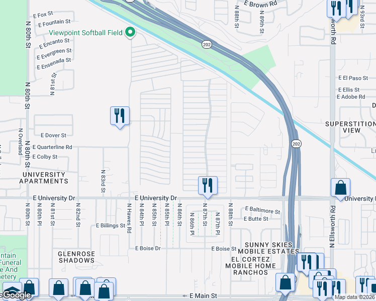 map of restaurants, bars, coffee shops, grocery stores, and more near East Viewpoint Trailer Resort in Mesa