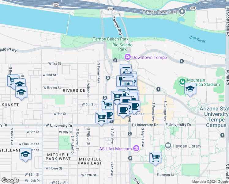 map of restaurants, bars, coffee shops, grocery stores, and more near 15 East 7th Street in Tempe