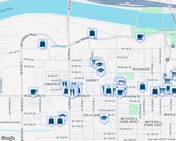 map of restaurants, bars, coffee shops, grocery stores, and more near 410 South Beck Avenue in Tempe