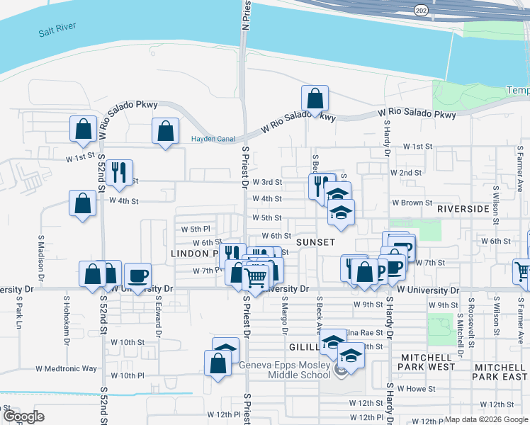 map of restaurants, bars, coffee shops, grocery stores, and more near 1320 West 5th Street in Tempe