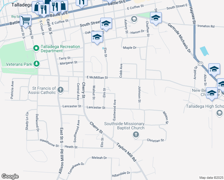 map of restaurants, bars, coffee shops, grocery stores, and more near 712 Elm Street in Talladega