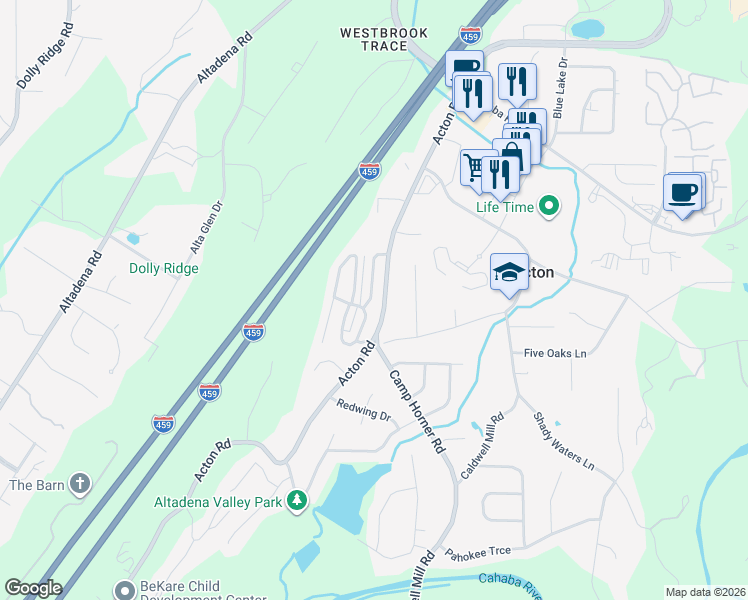 map of restaurants, bars, coffee shops, grocery stores, and more near 2582 Acton Park Lane in Birmingham