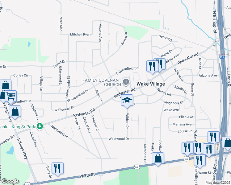 map of restaurants, bars, coffee shops, grocery stores, and more near 300-398 Arizona Avenue in Wake Village