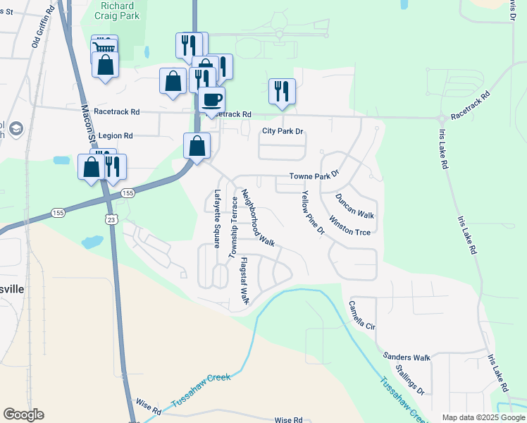 map of restaurants, bars, coffee shops, grocery stores, and more near 1750 Courtyard Lane in McDonough