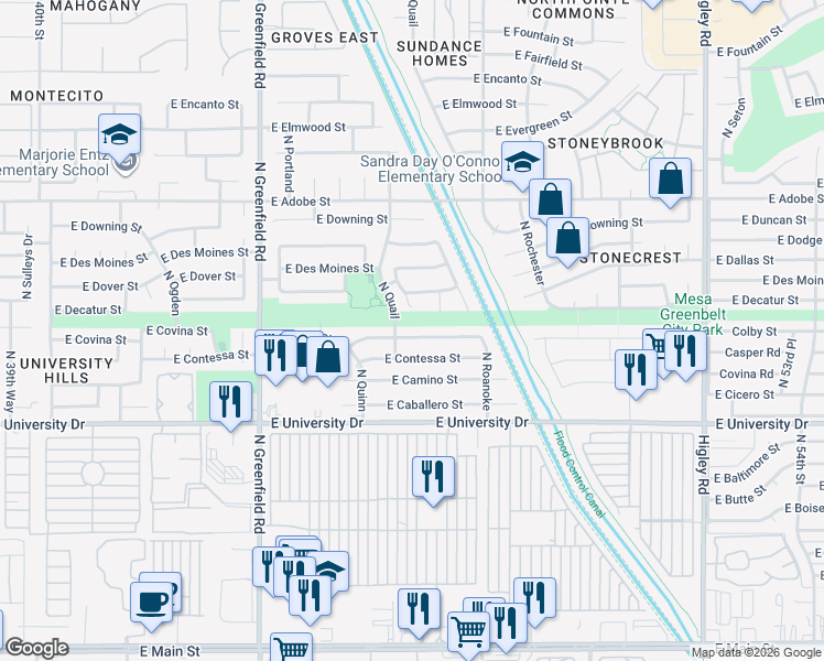 map of restaurants, bars, coffee shops, grocery stores, and more near 4650 East Covina Street in Mesa