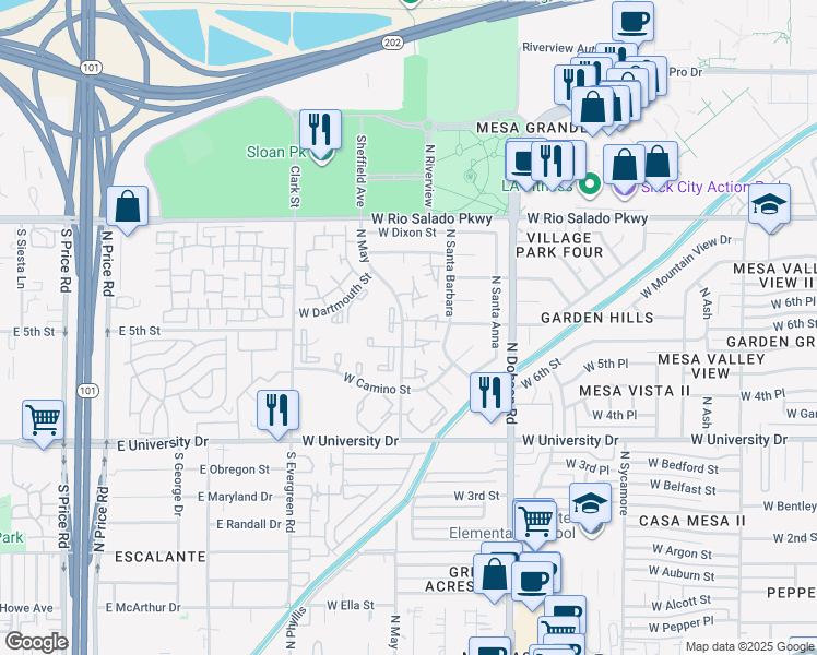 map of restaurants, bars, coffee shops, grocery stores, and more near 592 North May in Mesa