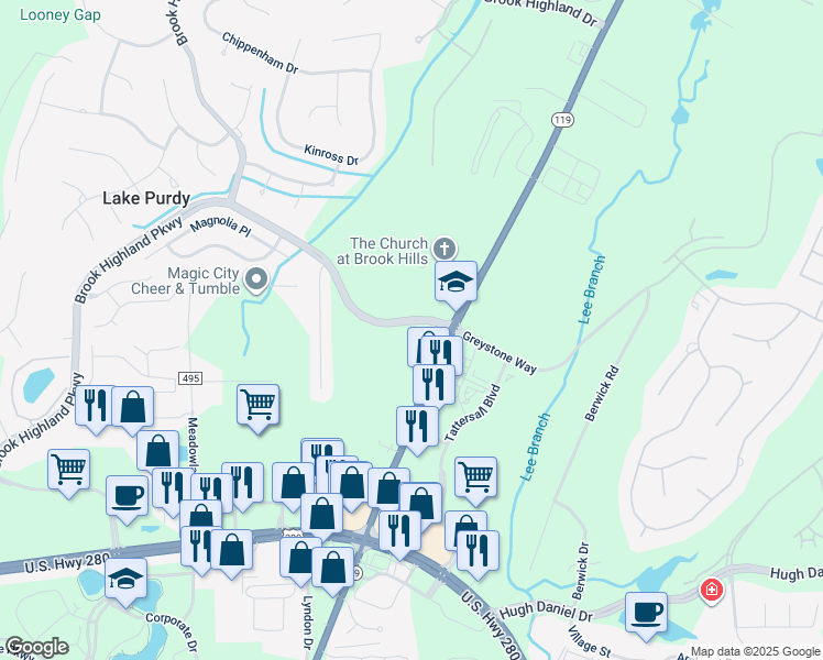 map of restaurants, bars, coffee shops, grocery stores, and more near Brook Highland Parkway in Birmingham