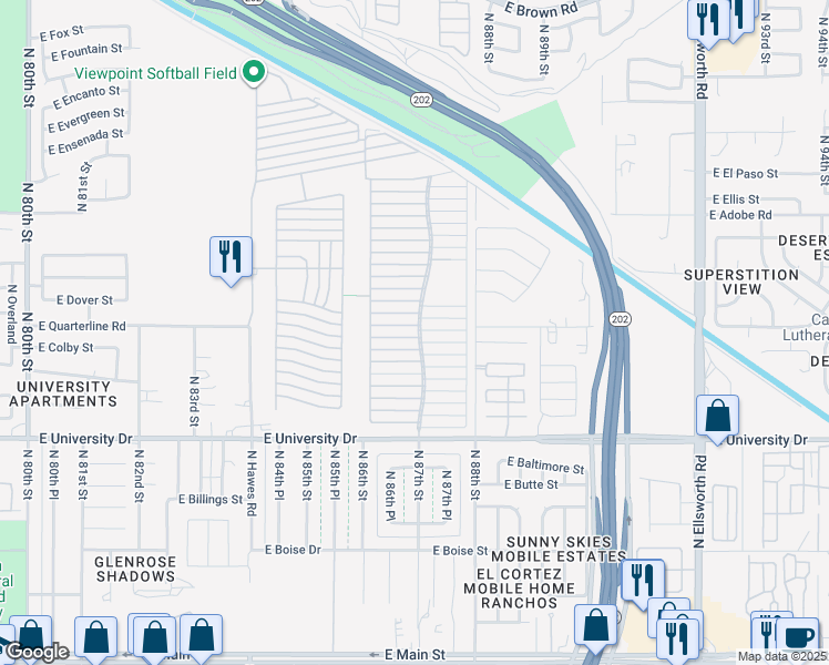 map of restaurants, bars, coffee shops, grocery stores, and more near 8700 East University Drive in Mesa