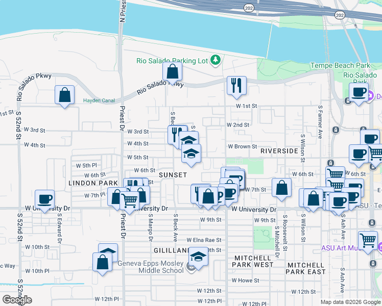map of restaurants, bars, coffee shops, grocery stores, and more near 425 South Terry Lane in Tempe