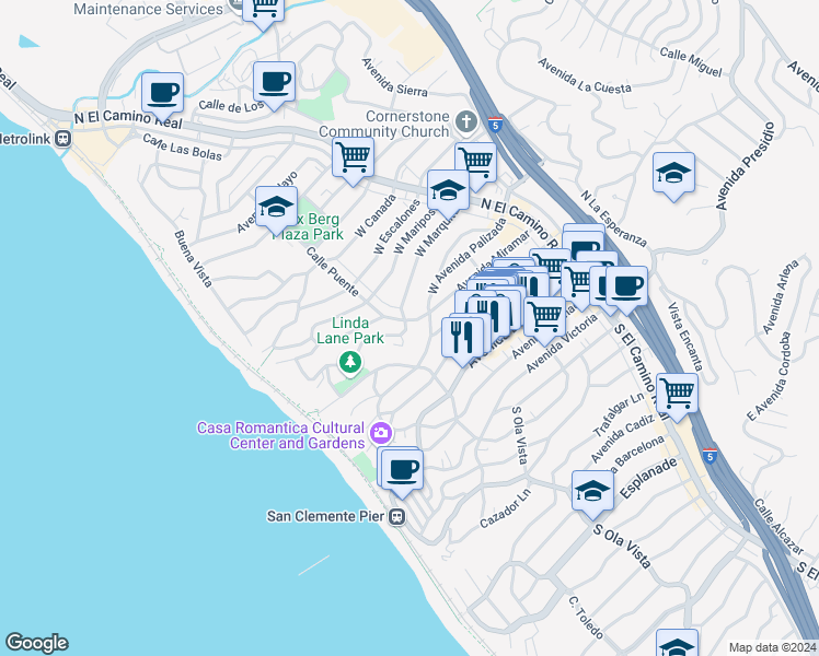 map of restaurants, bars, coffee shops, grocery stores, and more near 205 West Marquita in San Clemente