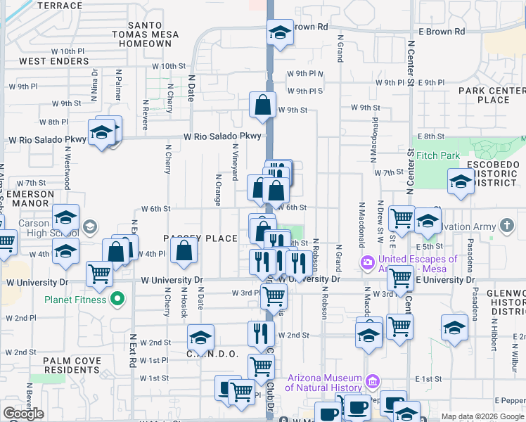 map of restaurants, bars, coffee shops, grocery stores, and more near 550 Arizona 87 in Mesa