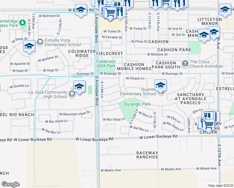 map of restaurants, bars, coffee shops, grocery stores, and more near 11359 West Davis Lane in Avondale