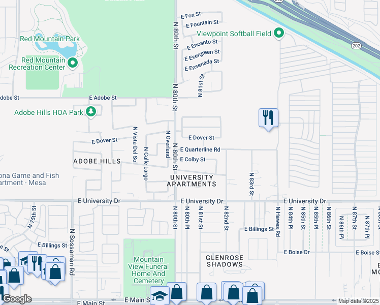 map of restaurants, bars, coffee shops, grocery stores, and more near 8027 East Quarterline Road in Mesa