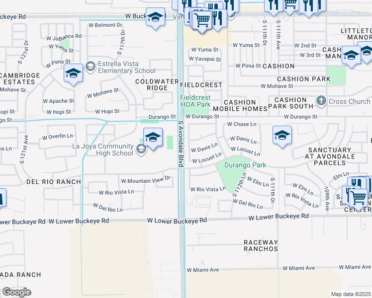 map of restaurants, bars, coffee shops, grocery stores, and more near 2222 South 114th Lane in Avondale
